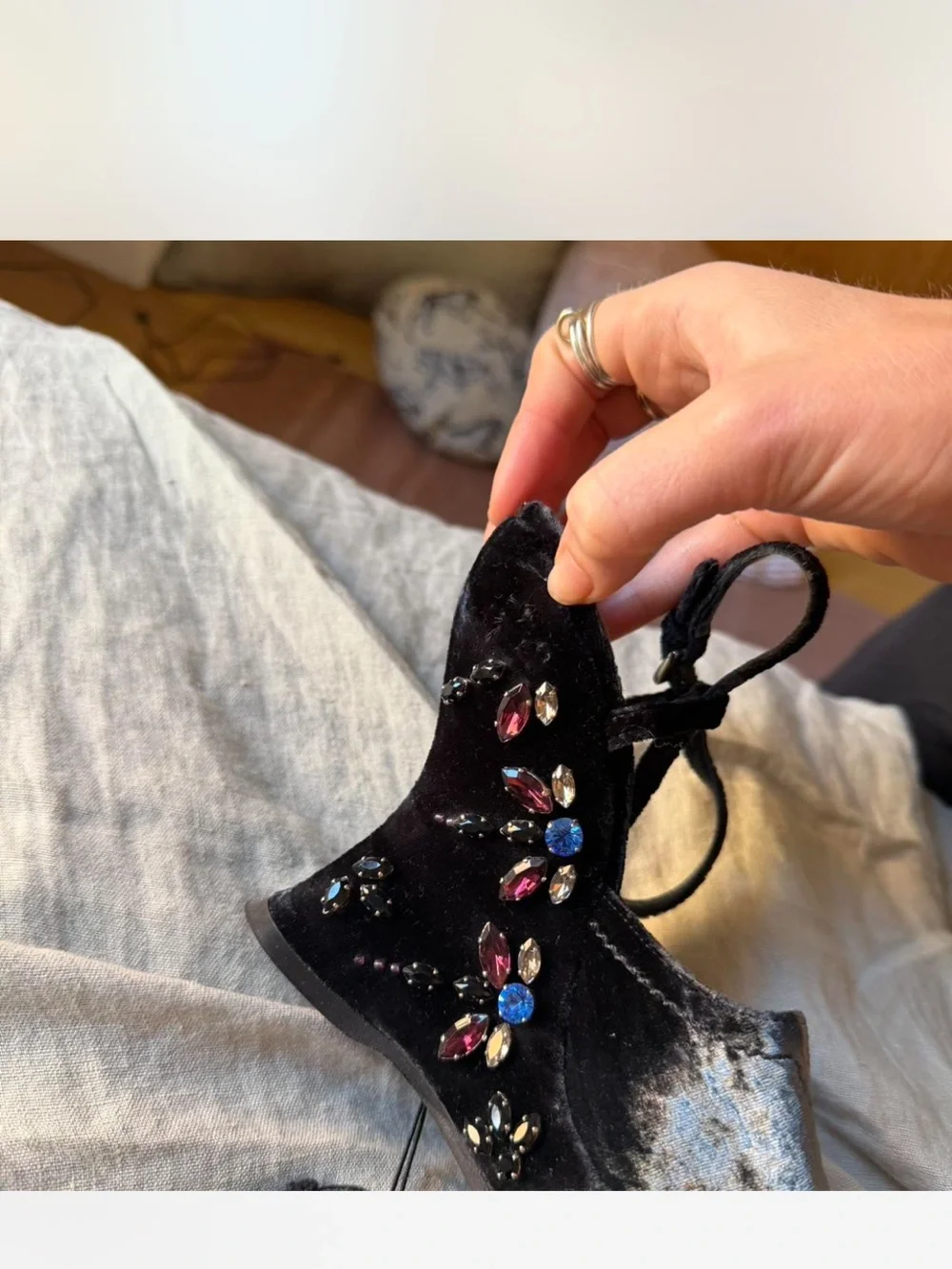 Prada Velvet Jeweled Wedge Heels